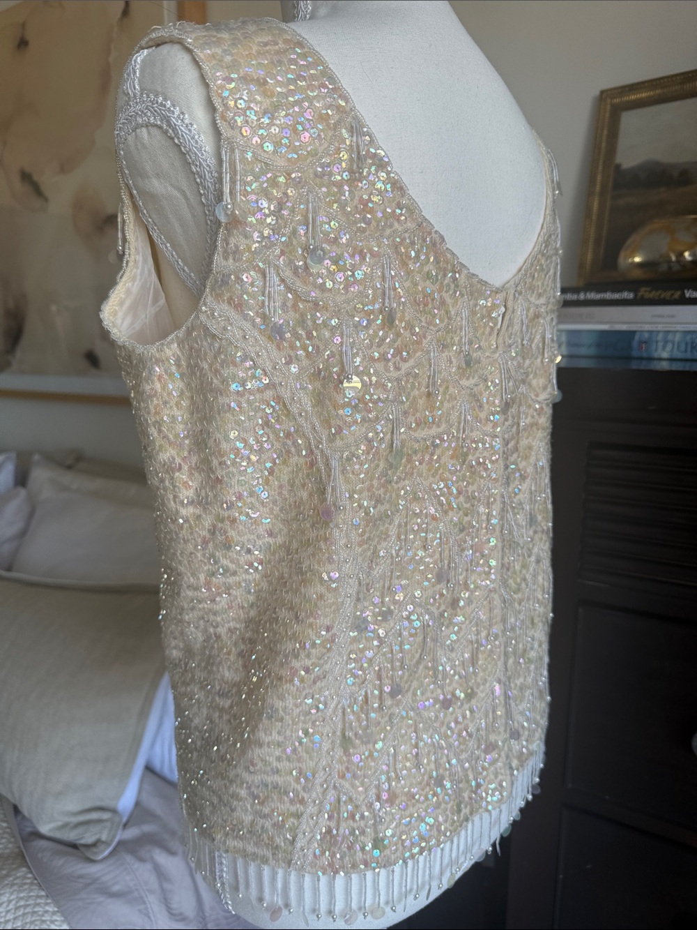 Vintage Handmade Haute Couture Beaded Ivory Sequin Top 100% Wool Size 36 - Picture 9 of 15